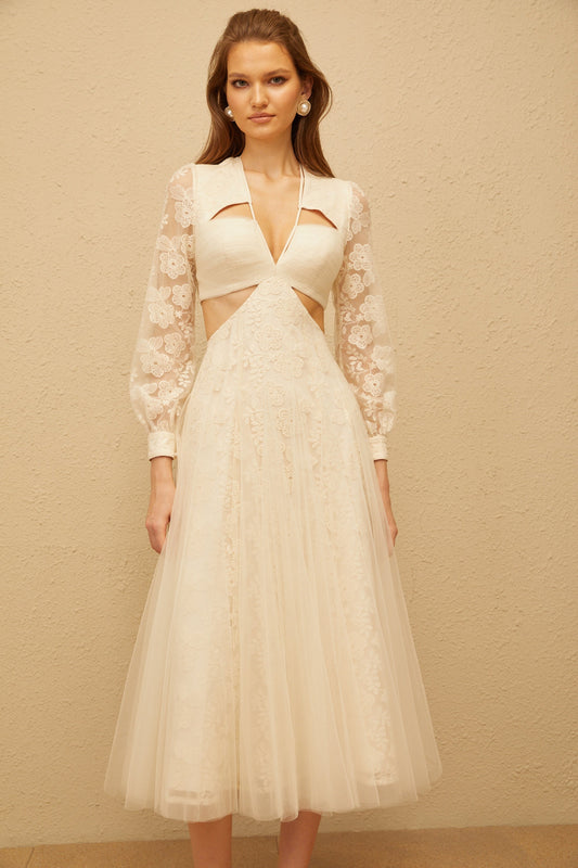 Esmé White Floral Lace Tulle Midi Dress