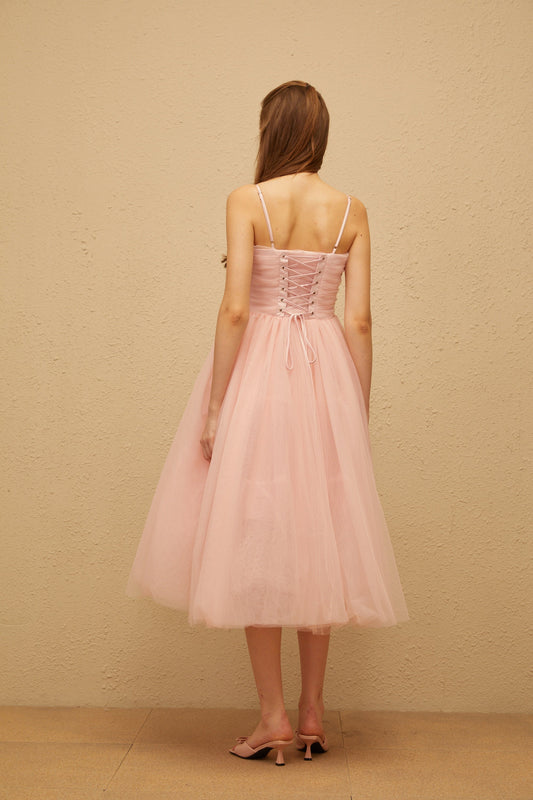 Apolline Pink Pleated Corset Tulle Midi Dress