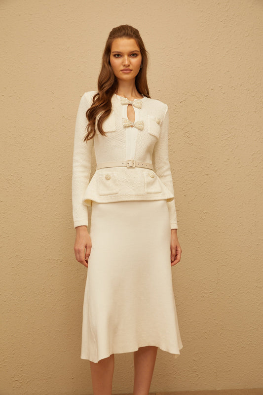 Adélade White Embellished Knit Midi Dress