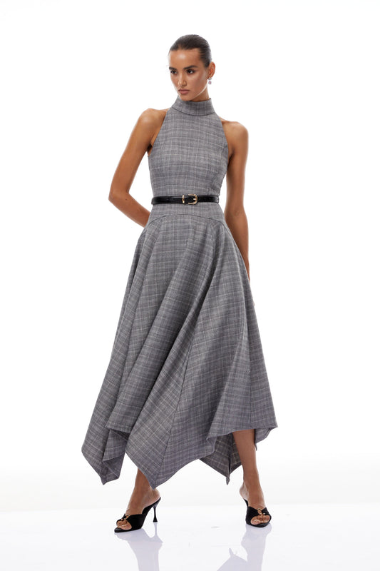 Wilhemine Grey Checked Tweed Maxi Dress (Without Belt)