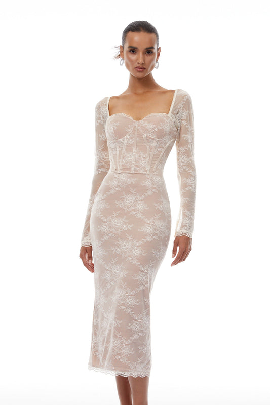 Nóra Neutral Floral Lace Corset Midi Dress