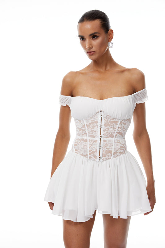 Márta White Lace Panel Chiffon Mini Dress