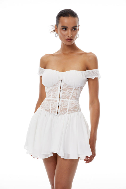 Márta White Lace Panel Chiffon Mini Dress