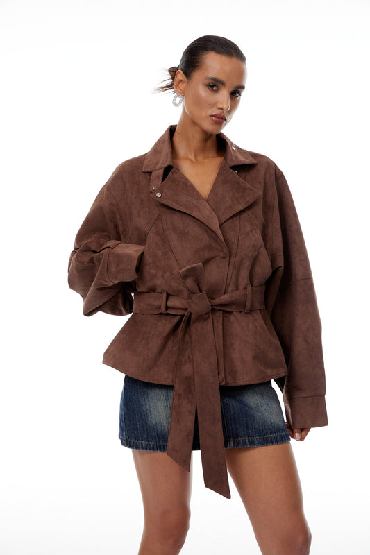 Aveline Brown Belted Suede Biker Jacket