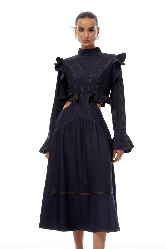 Wilhelmine Indigo Blue Ruffled Denim Midi Dress