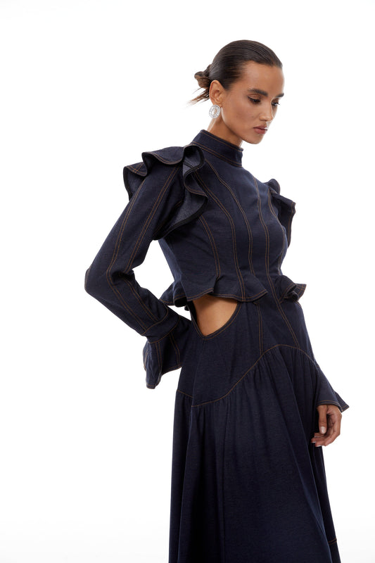 Wilhelmine Indigo Blue Ruffled Denim Midi Dress