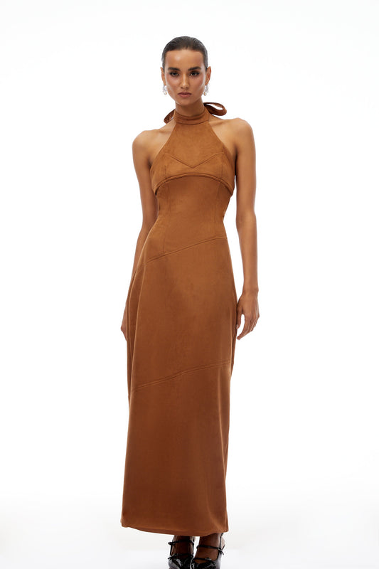 Florence Brown Halterneck Suede Maxi Dress