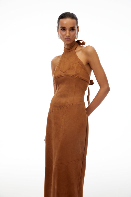 Florence Brown Halterneck Suede Maxi Dress
