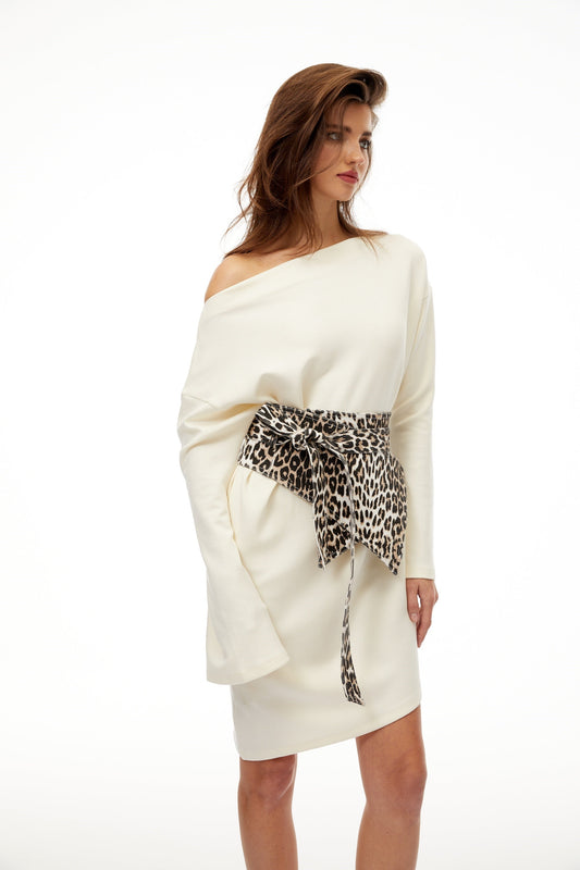 Gerta White Leopard Waistband Asymmetrical Mini Dress