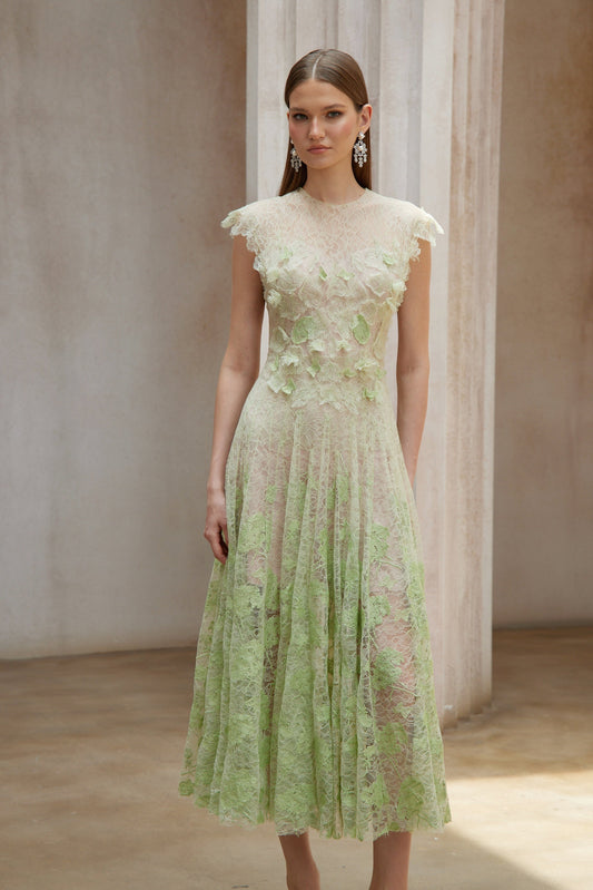 Béryl Green Floral Lace Midi Dress