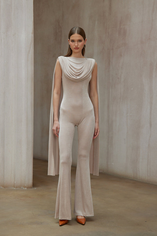 Clarisse Neutral Dropped Design Velvet Jumpsuit