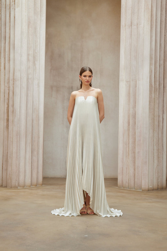 Shimmering Satiné Gold Fully-Pleated Maxi Dress | Off-Shoulder V-Neck Elegance