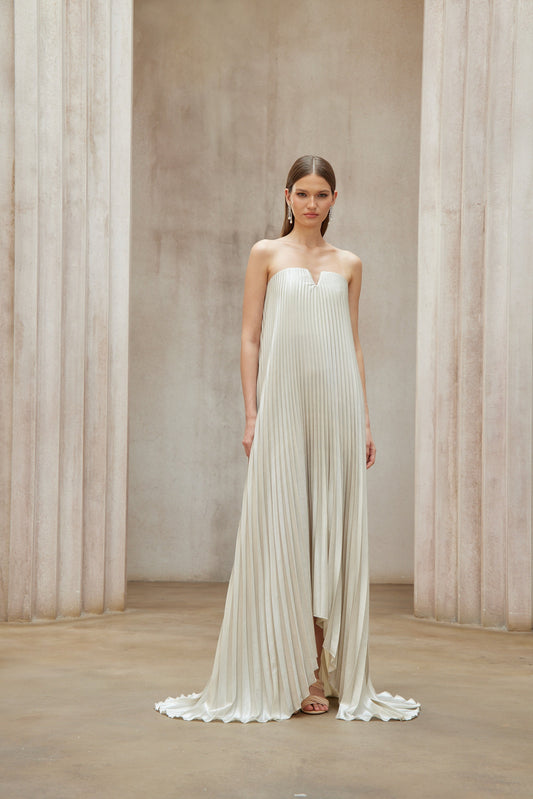 Shimmering Satiné Gold Fully-Pleated Maxi Dress | Off-Shoulder V-Neck Elegance