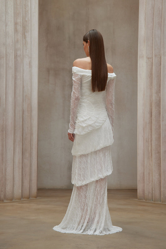 Étincelle White Ruched Lace Maxi Dress