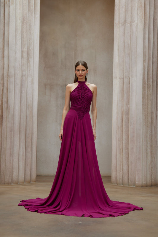Elegant Kerstin Purple Ruched Halter Maxi Dress with Flowing Train Design