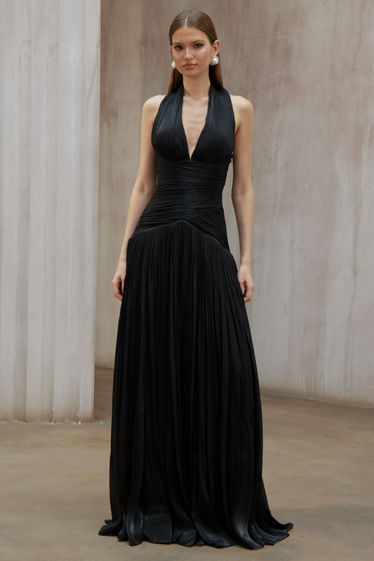 Elegant Uranie Black Halterneck Gathered Maxi Dress with Pleated Train Design