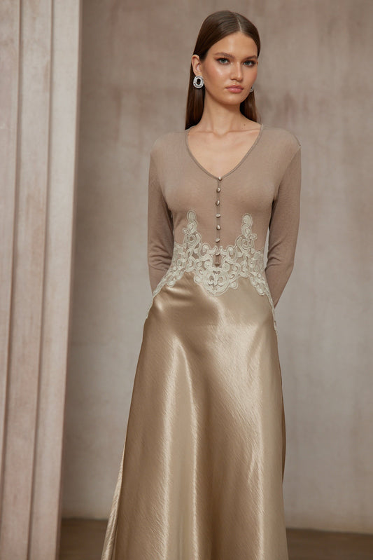 Szilvia Brown Knit Panel Satin Midi Dress