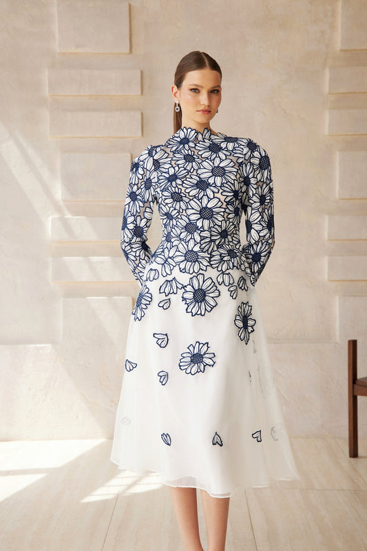 Caméo Blue Floral Embroidered Tulle Midi Dress