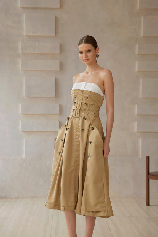 Alba Khaki Trench Style Midi Dress
