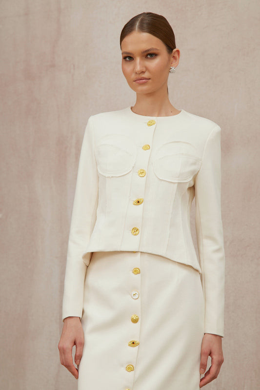 Léa White Decorative Button Jacket & Skirt Set