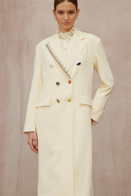 Alexa White Embroidered Double-Breasted Overcoat