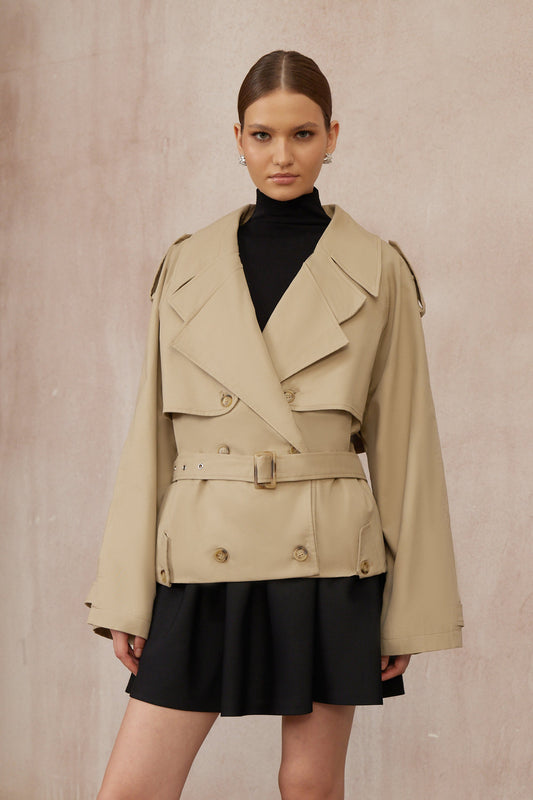 Sandra Khaki Double-Breasted Short Trench Coat