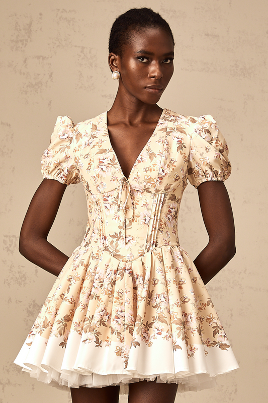 Celiane yellow floral-print pleated mini dress
