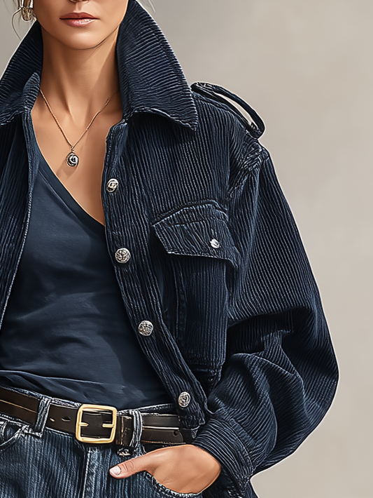 Women's Loose Corduroy Single-Breasted Epaulette Jacket MDA2877I7Y