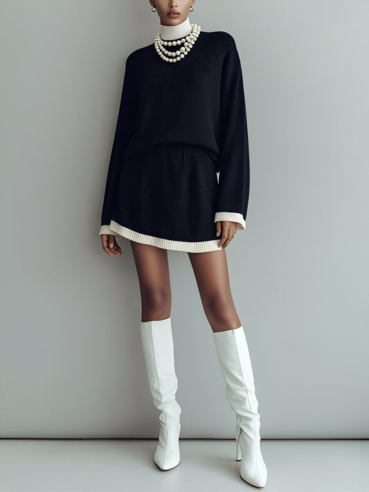 Women's Black - White Chic Knit Contrast - Trim Mini Sweater Set MDA1328J8I