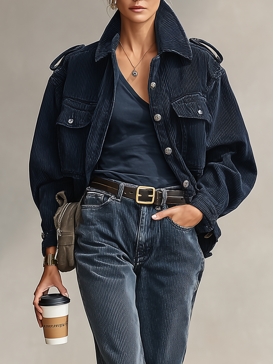 Women's Loose Corduroy Single-Breasted Epaulette Jacket MDA2877I7Y