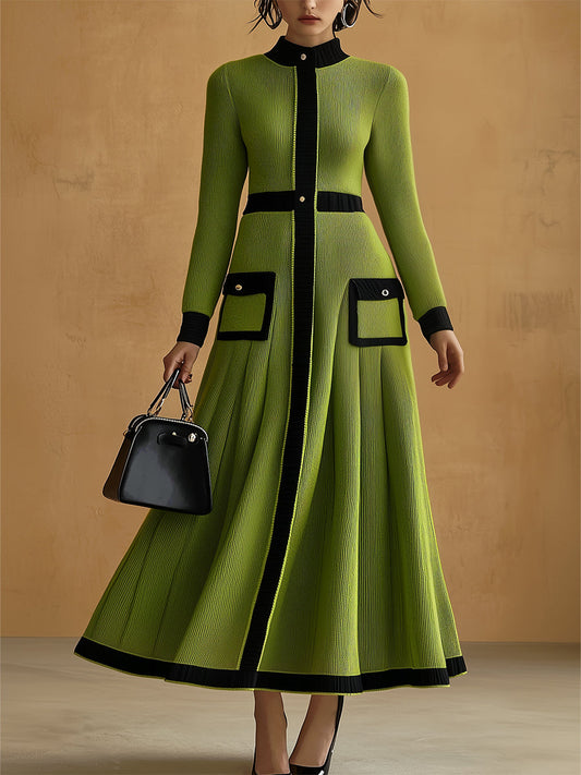Women's Elegant Green Knitted Shirt Dress With Black Trim MDA0229H6I