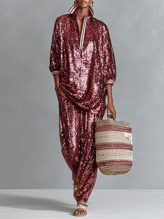 Women's Burgundy Glamorous Sequin Striped - Trimmed Oversized Loungewear Set MDA3059I3I