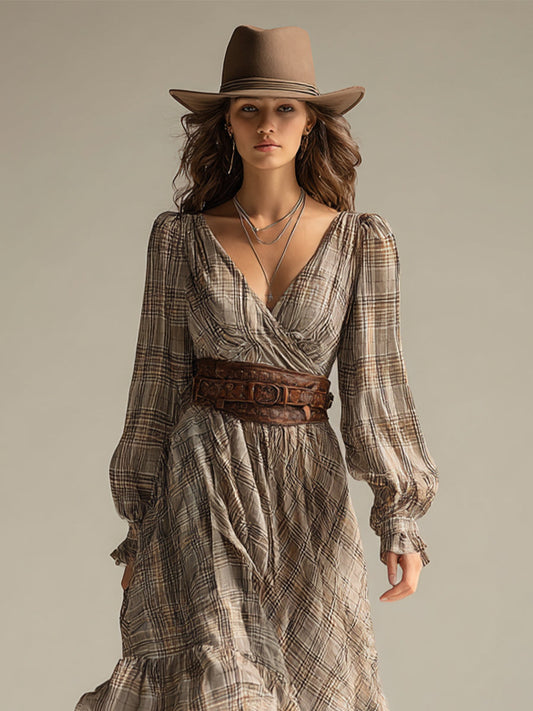 Women's Beige - Plaid Bohemian Chiffon Ruffled Midi Dress (without Belt) MDA0679H1I