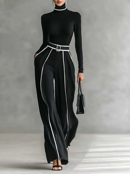 Women's White Trimmed Turtleneck Long Sleeve Top Wide Leg Pants Belt Two-Piece Set MDA1546G0Y