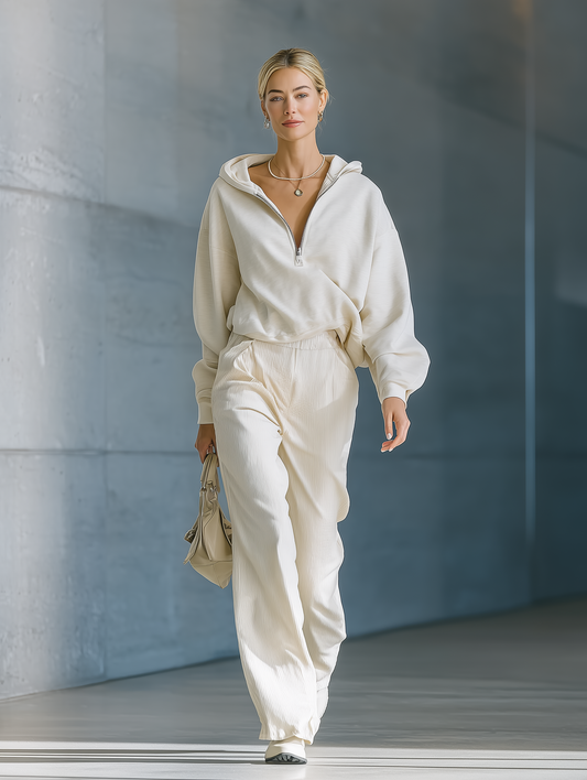 Women's Off-white Air Layer Hooded Sweatshirt And Corduroy Wide-leg Pants MDA1602J2T