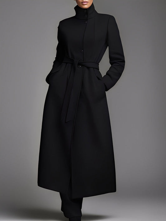 Women's Black Elegant Wool - Blend Stand - Collar Belted Maxi Coat MDA1064J6I