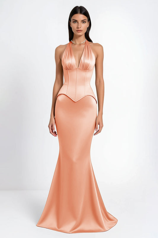 Aurélie Orange Halterneck Mermaid Maxi Dress