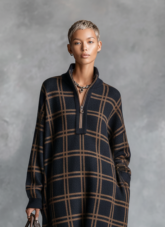 Women's Loose Plaid Zipper Neck Knitted Maxi Dress MDA1505J9Y