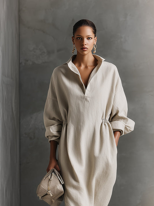 Women's Beige Relaxed Cotton Drawstring - Detail Maxi Dress MDA1121H0I