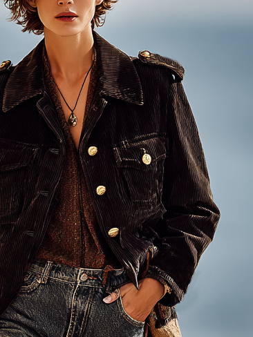 Women's Minimalist Loose Corduroy Single-Breasted Epaulette Jacket MDA2858I2Y