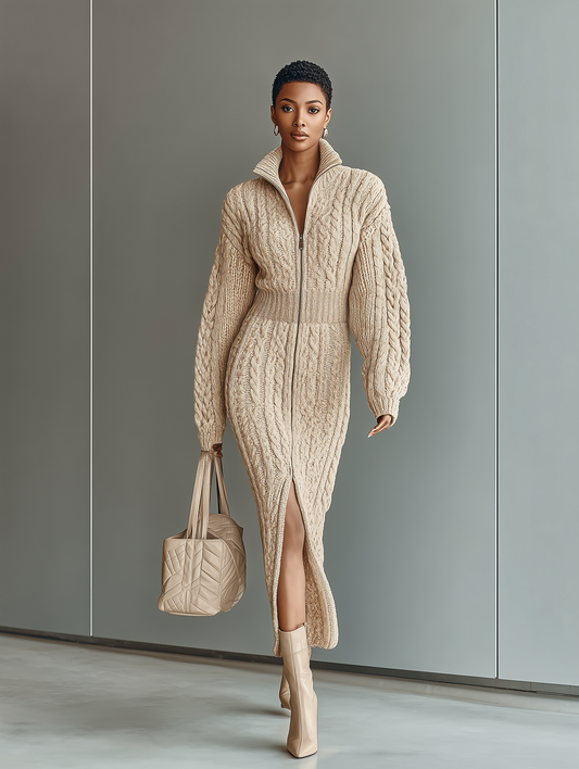 Women's Beige Cable Knit Front Zipper Maxi Dress MDA2384I8T