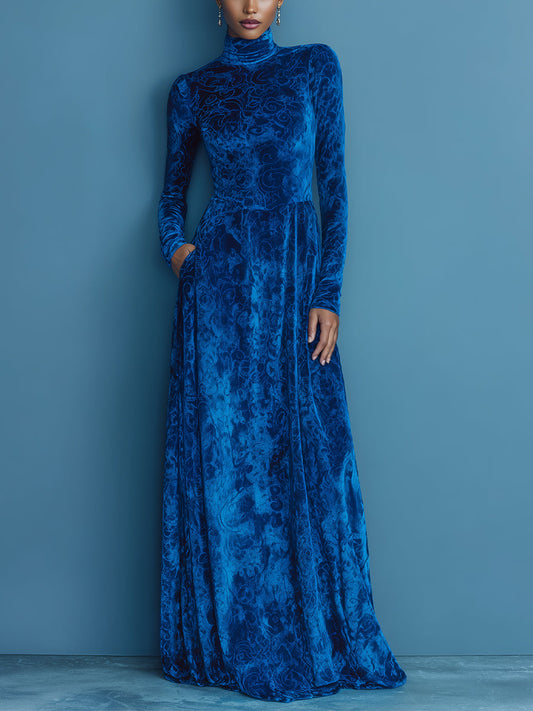 Women's Blue Elegant Velvet Patterned Turtleneck Maxi Dress MDA1403J6I