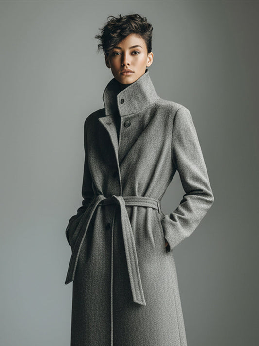 Women's Grey Modern Wool Blend Overcoat With Belted Waist MDA1531J3I