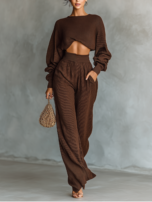 Women's Coffee-colored Short Top And Wide-leg Pants Knitted Set MDA3000G6T