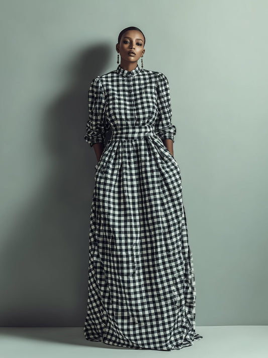 Women's Black - White Classic Cotton Gingham Button - Up Belted Maxi Dress MDA1614J3I
