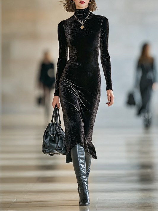Women's Velvet Half-Turtleneck Slim Midi Dress MDA1031J8Y