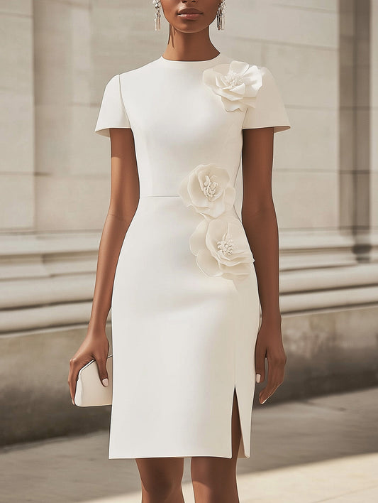 Women's Stylish White Midi Dress With Side Slit And 3D Flower Detail Mini Dress MDA0292H4I