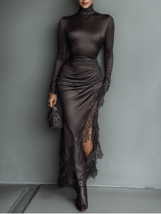 Women's Dark Brown Satin Irregular Hem Lace Slim Maxi Dress MDA0501H1T