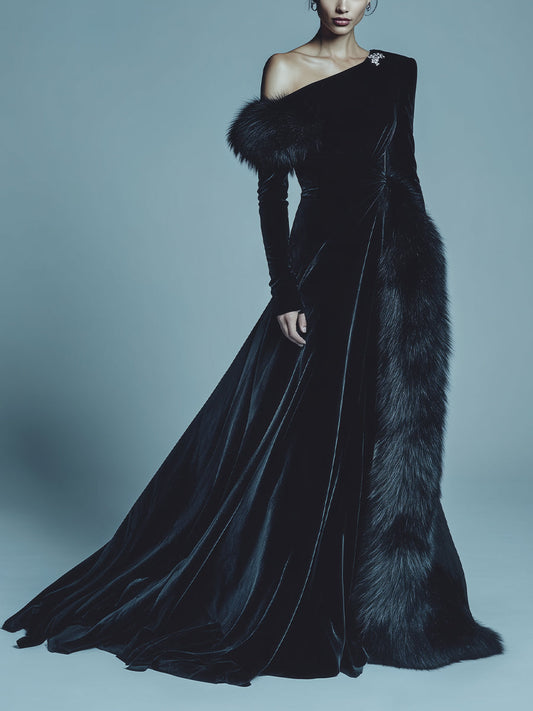 Women's Black Modern Velvet One - Shoulder Faux Fur - Trimmed Maxi Gown MDA1613J9I