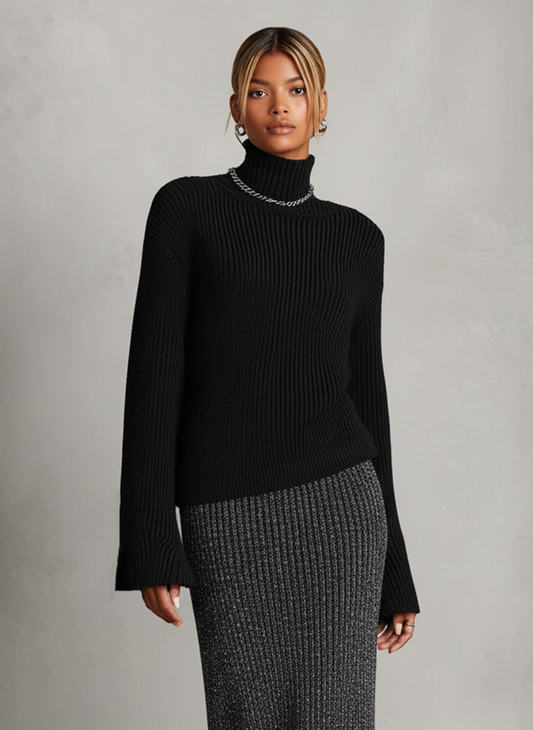 Women's Black Turtleneck Sweater And Gray Knit Skirt Set MDA1613J6Y